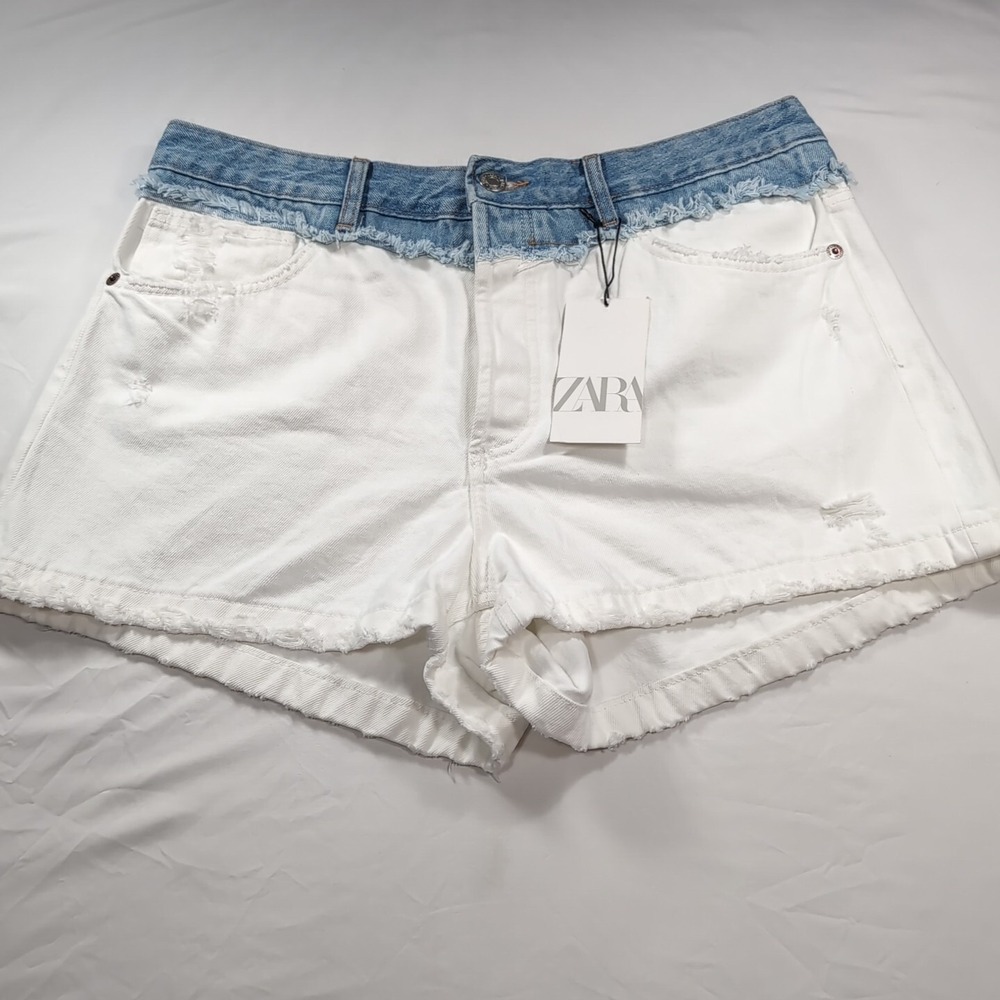 Zara Jean Shorts Women 14 Blue Denim And White‎ Booty Shorts NWT